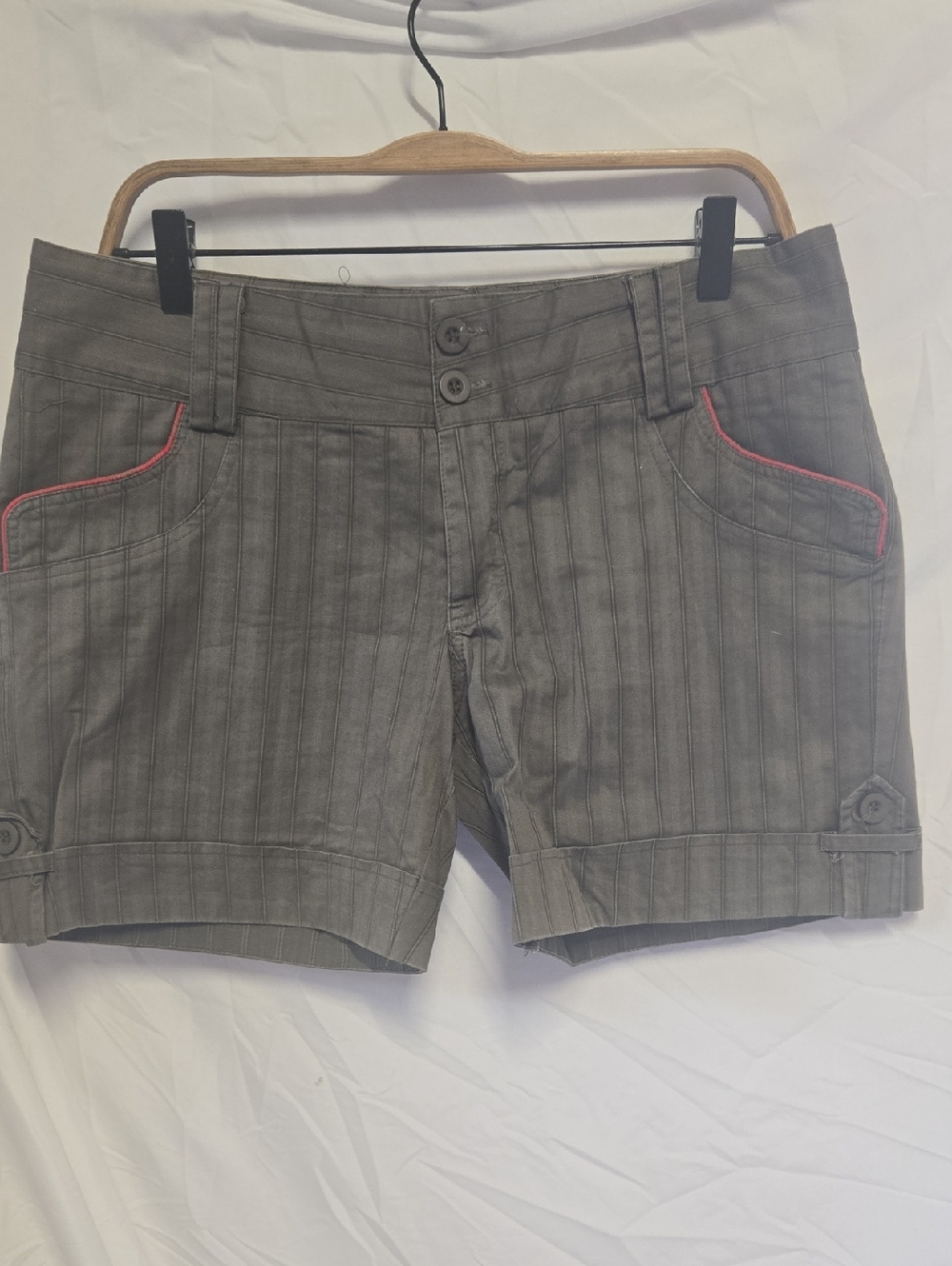 Women's Gray Pinstripe Casual Shorts with Pink Trim